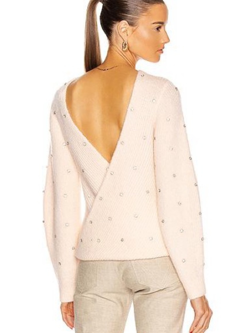 Diamond embellished Open-Back Sweater in Soft Blush